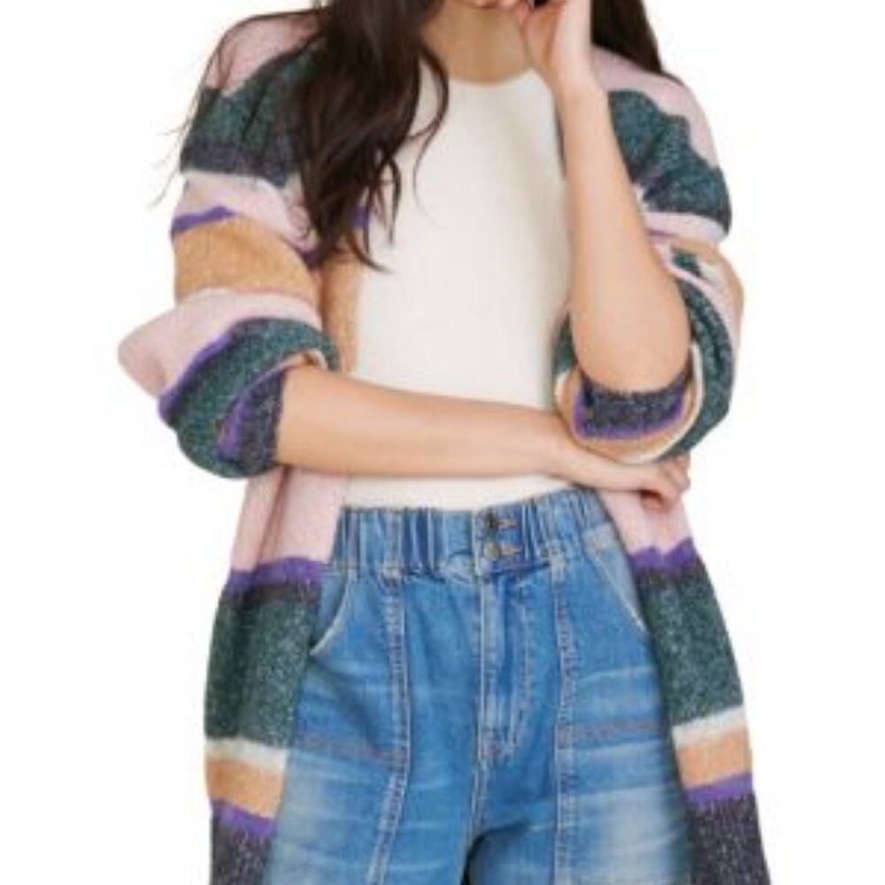 Veronica Beard Pink Green Purple Striped Open-Front Cardigan